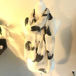 Beautiful Sheer White Scarf with Black Hearts